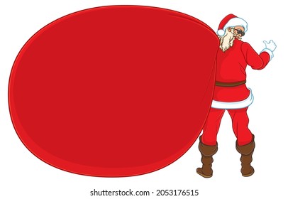 Vector illustration of Santa Claus in sunglasses looking back confidently with giving thumb up while carrying big bag full of gifts,isolated on white,Celebrate winter,Christmas,Happy New Year concept.