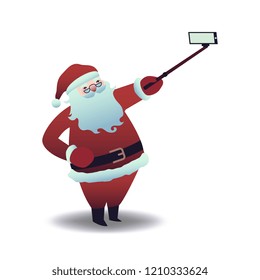 Vector illustration of Santa Claus taking selfie with smartphone and stick in flat cartoon style - isolated Christmas and New Year symbol doing photo of himself using mobile phone camera.