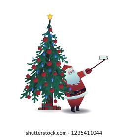 Vector illustration of Santa Claus taking selfie using smartphone camera and stick on background of decorated Christmas tree in flat cartoon style isolated on white background.