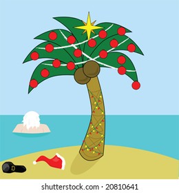 Vector illustration of Santa Claus taking a break and dipping in the water near a tropical island decorated for Christmas