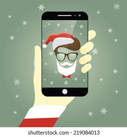 Vector illustration of Santa Claus taking a self snapshot.  Selfie