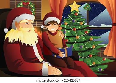 A vector illustration of Santa Claus talking with a kid on his lap