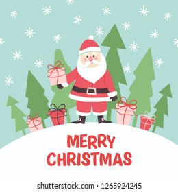 Vector illustration of Santa Claus, trees and gift boxes. Winter and Merry Christmas poster. Cartoon style vector illustration. Great for covers, cards, banners, envelopes, stickers, flyers.