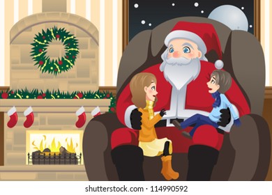 A vector illustration of Santa Claus with two kids on his lap