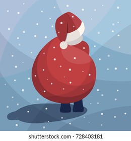 Vector illustration of Santa Claus under snow with a big bag of gifts from behind