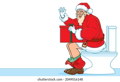 Imagen vectorial de Santa Claus saludando, sosteniendo una gran caja de regalo roja mientras se sienta en el baño, celebrando el invierno, la tecnología, Conectando en Navidad, Feliz Año Nuevo Concepto.