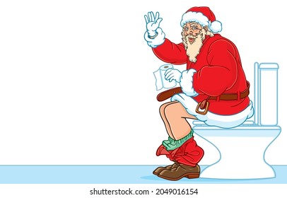 Vector illustration of Santa Claus waving greetings, holding tissue paper roll while sitting on toilet bowl in bathroom, celebrate winter, technology, Connecting in Christmas, Happy New Year Concept.