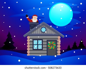 Vector Illustration of Santa Claus waving inside the Chimney House
