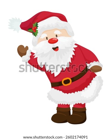 Vector illustration of Santa Claus waving, dressed in his classic red suit. Christmas character.