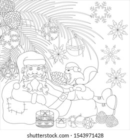 Vector illustration with Santa Claus, which lies under the branches of a Christmas tree with toys, cones, snowflakes and gifts. And the squirrel in the cap gives him a lump. Anti-stress coloring.
