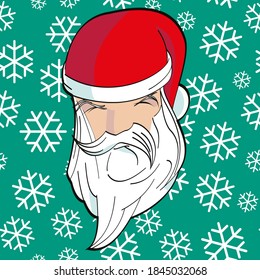 Vector illustration of Santa Claus with white beard and red cap on green background. Christmas character design for cartoon.