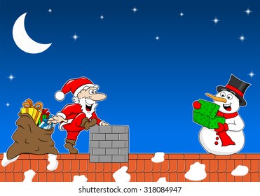 vector illustration of santa claus who gives a gift to a snowman at christmas