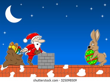 vector illustration of Santa Claus who meets the Easter bunny on a roof