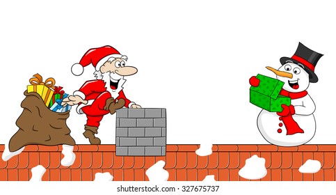 vector illustration of Santa Claus who gives a gift to a snowman at Christmas