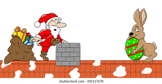 vector illustration of santa claus who meets the easter bunny on a roof