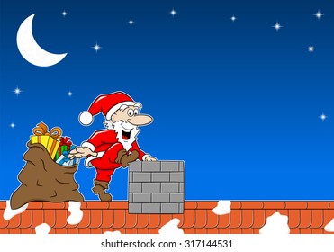 vector illustration of Santa Claus at work on a roof