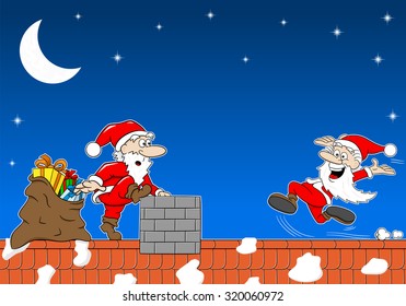 vector illustration of santa claus at work on a roof who meets another santa claus