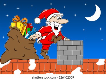 vector illustration of santa claus at work on a roof