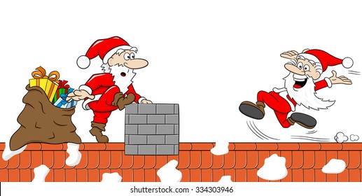 vector illustration of santa claus at work on a roof who meets another santa claus