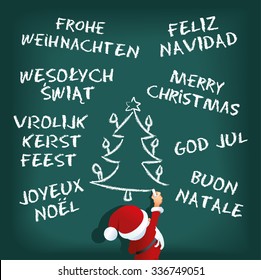 Vector Illustration Of Santa Claus Writing Merry Christmas In Different Languages