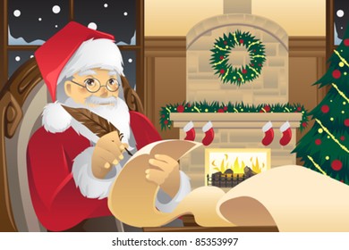 A vector illustration of Santa Claus writing Christmas presents list on a piece of paper