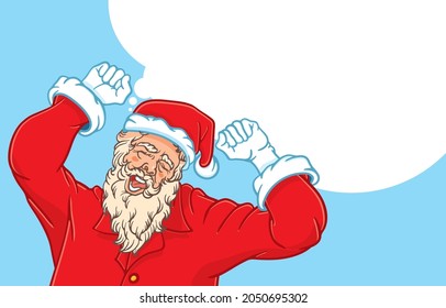 Vector illustration of Santa Claus yawning, stretching while thinking in white thought bubble isolated on blue background, celebrate winter, wake up, Start new day at Christmas,Happy New Year concept.