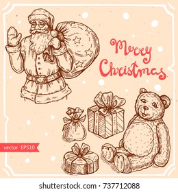 Vector illustration of Santa Claus,christmas gift box,toy,text Merry Christmas on background with abstract paper texture. Santa Claus with gifts sketch.Linear art in vintage style for your design.