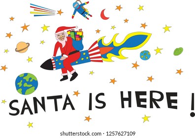 Vector illustration of Santa Clause riding a rocket bringing gifts to earth with Christmas ornaments Santa is here