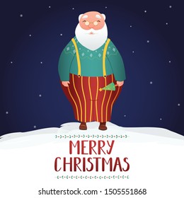 Vector illustration of Santa Clause in sling pants, holding small decorated Xmas tree in his hand. Hand drawn typography Merry Christmas with mistletoe pattern. Night sky background, snowflakes.