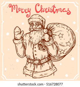 Vector illustration of Santa Claus,text Merry Christmas on the background with abstract paper texture,retro frame.Letters,Santa Claus with gifts sketch.Linear art in vintage style for your design.
