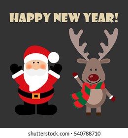 Vector illustration of a Santa and deer with text happy new year on a gray background