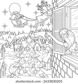 Vector illustration, santa delivers gifts on new year's eve, coloring