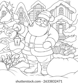 Vector illustration, santa delivers gifts on new year's eve, coloring
