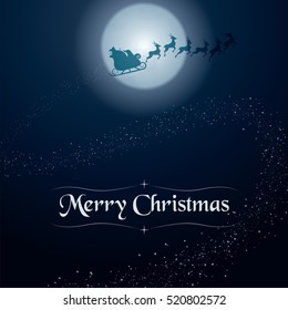 A vector illustration of Santa flying his magical sleigh leaving a trail of stars with "Merry Christmas" at the bottom-center.