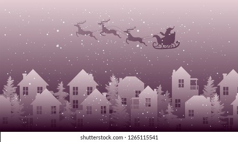 vector illustration of santa flying over the city in his sleigh and reindeers