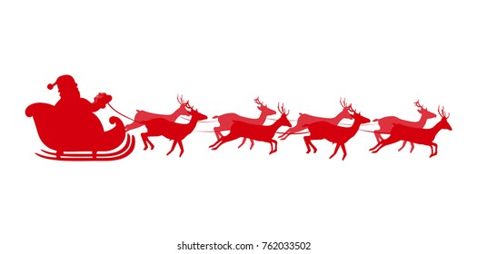 Vector illustration of Santa flying in a sleigh with reindeer. Red silhouette of Santa in sleigh Isolated on white background. Design for Christmas and New Year greeting cards.