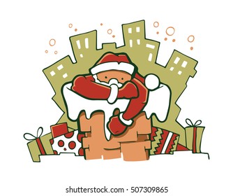Vector Illustration of Santa gets out of the pipe. Picture isolate on white background