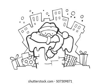Vector Illustration of Santa gets out of the pipe. hand drawn Picture isolate on white background