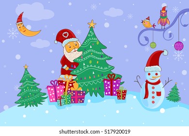 vector illustration of Santa with gift for Merry Christmas holiday celebration background