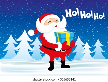 Vector illustration. Santa with a gift in their hands shouts ho ho ho!