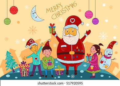 vector illustration of Santa giving gift to kid for Merry Christmas holiday celebration background