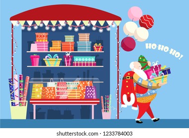 Vector illustration of Santa going from gift shop with lots of presents and christmas tree. Wrapping service. Gift boxes, gift pockets, wrapping paper, garlands and balloons.