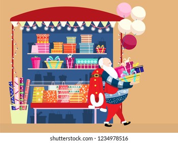 Vector illustration of Santa going from gift shop with lots of presents. Wrapping service. Gift boxes, gift pockets, wrapping paper, garlands and balloons.