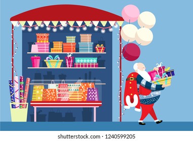 Vector illustration of Santa going from gift shop with lots of presents and christmas tree. Wrapping service. Gift boxes, gift pockets, wrapping paper, garlands and balloons.