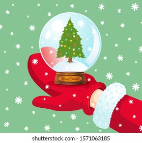Vector illustration of a Santa hand with snowball. Vector snowball with Christmas tree and snowflakes.