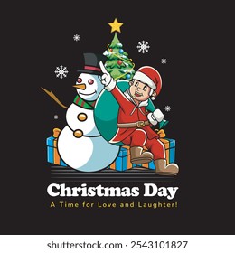 Vector Illustration of Santa Has A Sack with Snowman in Retro Mascot Illustration Available for Tshirt Design