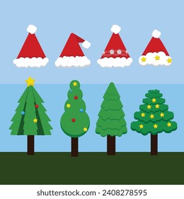 Vector illustration of Santa hat and Christmas tree in the same picture.