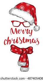Vector illustration with Santa hats. Scarf, hat and glasses. Postcard or poster. Print on clothes. New Year's and Christmas.