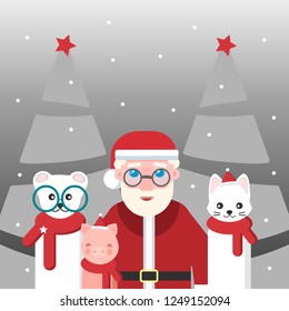 Vector illustration with Santa and his friends. Little cute pig with pink cheeks and a cat with a bear in a red scarf. Symbol of the year 2019.