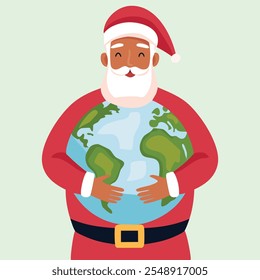 A vector illustration of Santa hugging a globe, spreading a heartfelt message to love and protect Mother Earth this Christmas by adopting sustainable practices and caring for the environment.